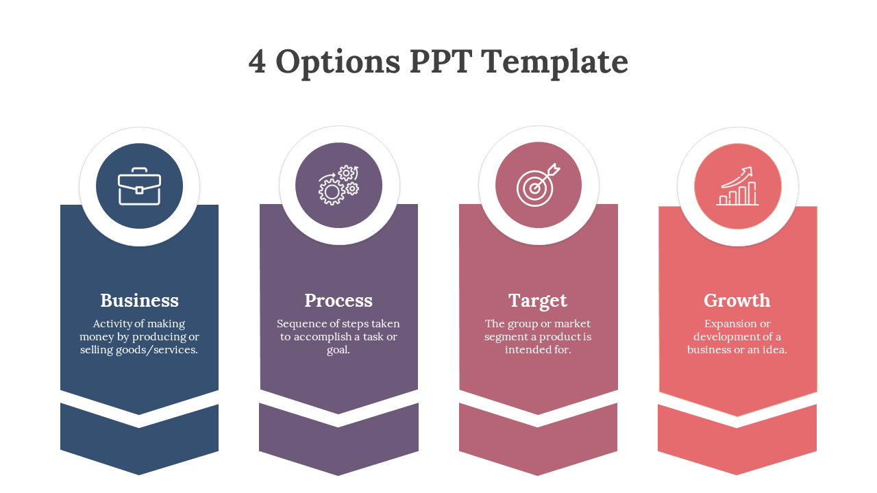 Four vertical chevron banners in blue, purple, pink, and coral with white outlined circular icons above.