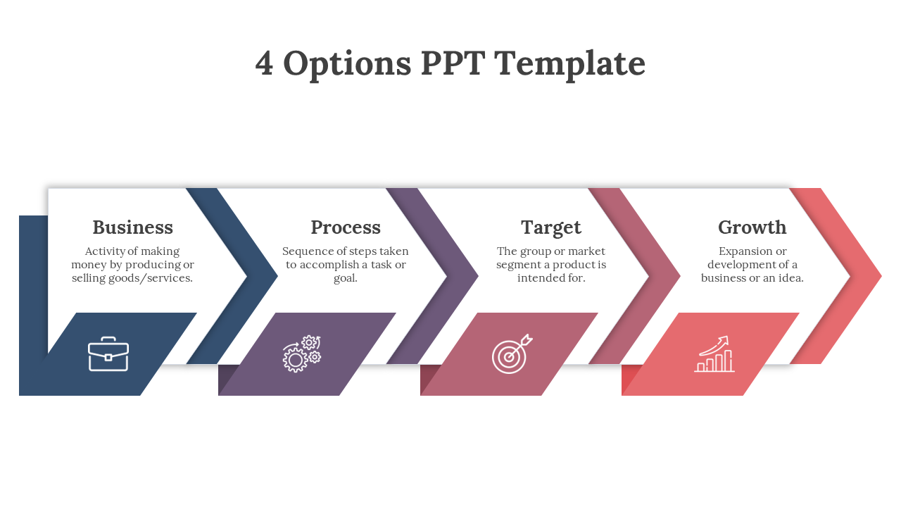 Horizontal layout with four right pointing arrows in navy blue, purple, red, and pink shades on a white background.