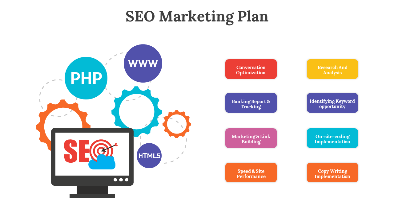 Slide shows monitor with SEO graphics and colorful gears, and eight colored rectangles arranged in two columns on right.