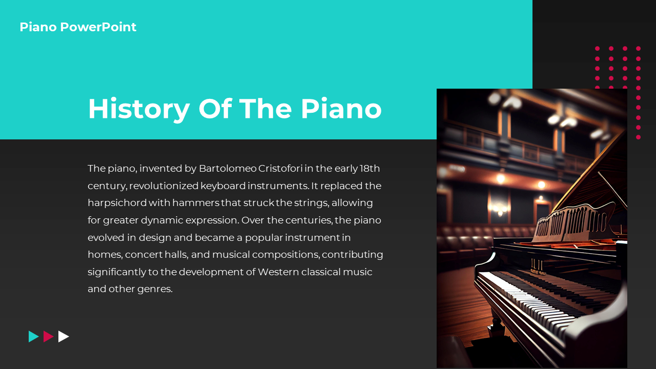 Slide with teal block on top, black background below with white text, and a concert hall piano photo and pink dotted line.