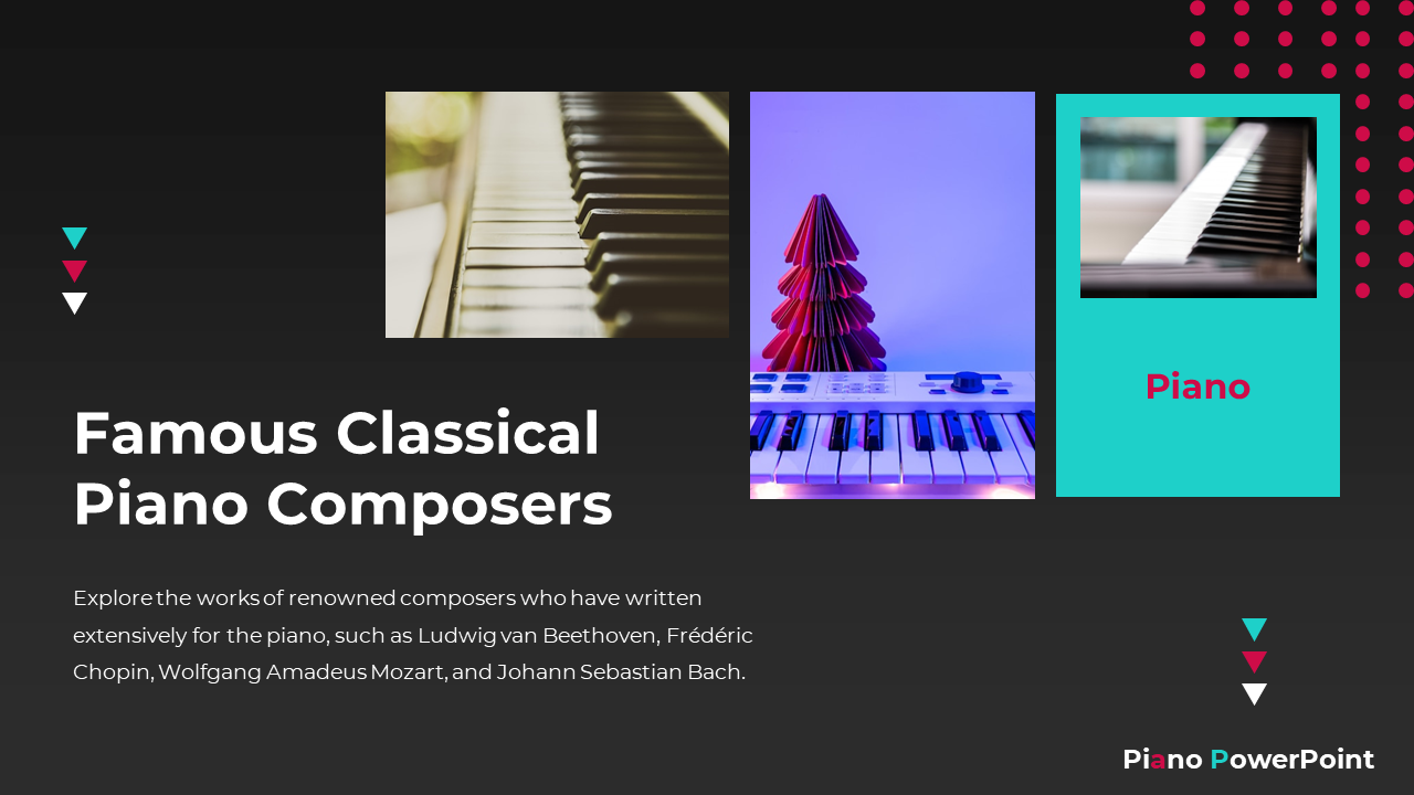 Black background with three images of vertical piano, purple lit keyboard, and teal box and pink dots.