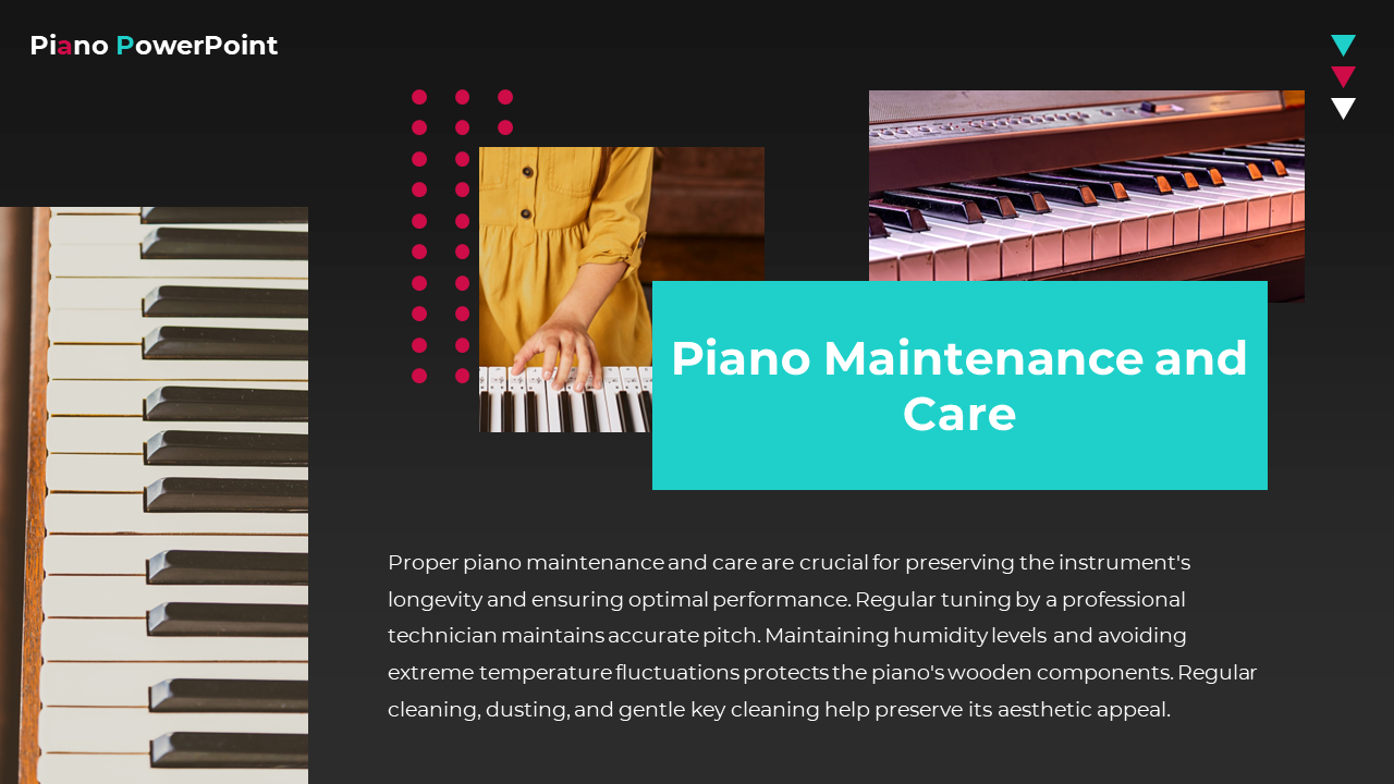 Vertical close up of piano keys, center shows hand on keys and keyboard, and right has teal box with white bold text.