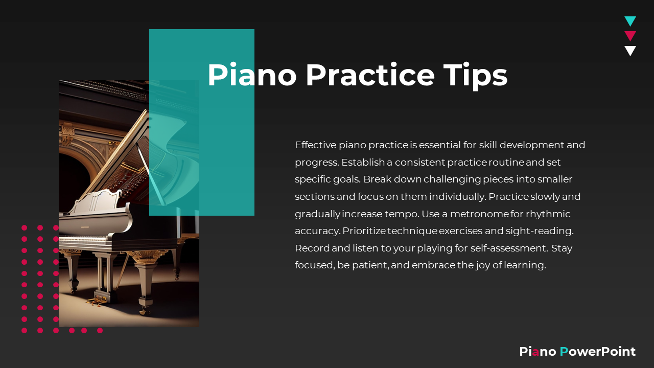 Slide with grand piano and teal rectangle overlapping, and right side with white text, pink dotted accents, on dark backdrop.
