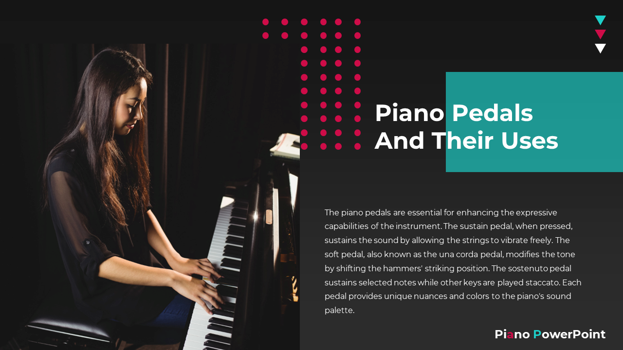 Split layout with a woman playing a piano on left, and text and teal blocks with red dotted accents, on black background.