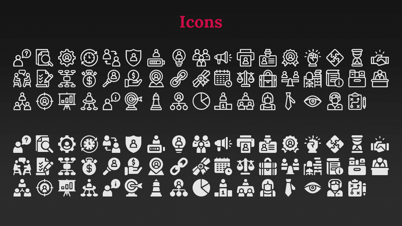 Pink heading on dark background featuring outlined white business icons, below shows similar icons in filled style.