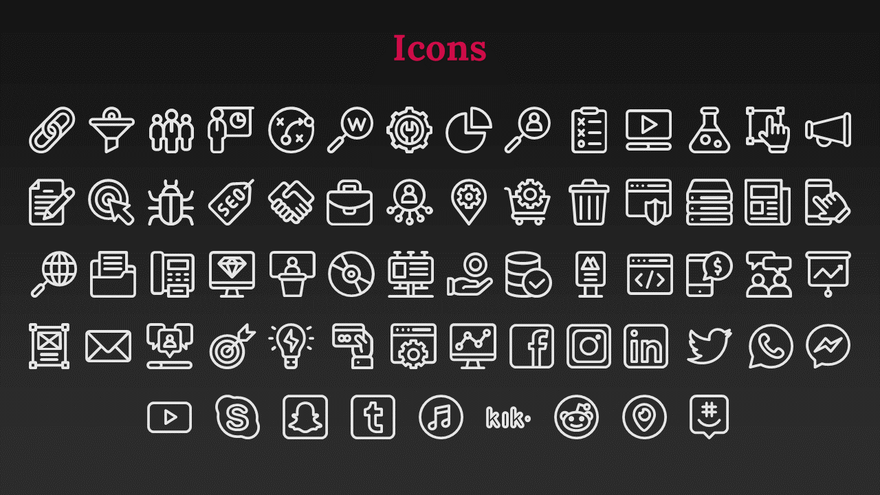 Dark gradient background with bold pink heading and rows of outlined white icons for business, media, and communication.