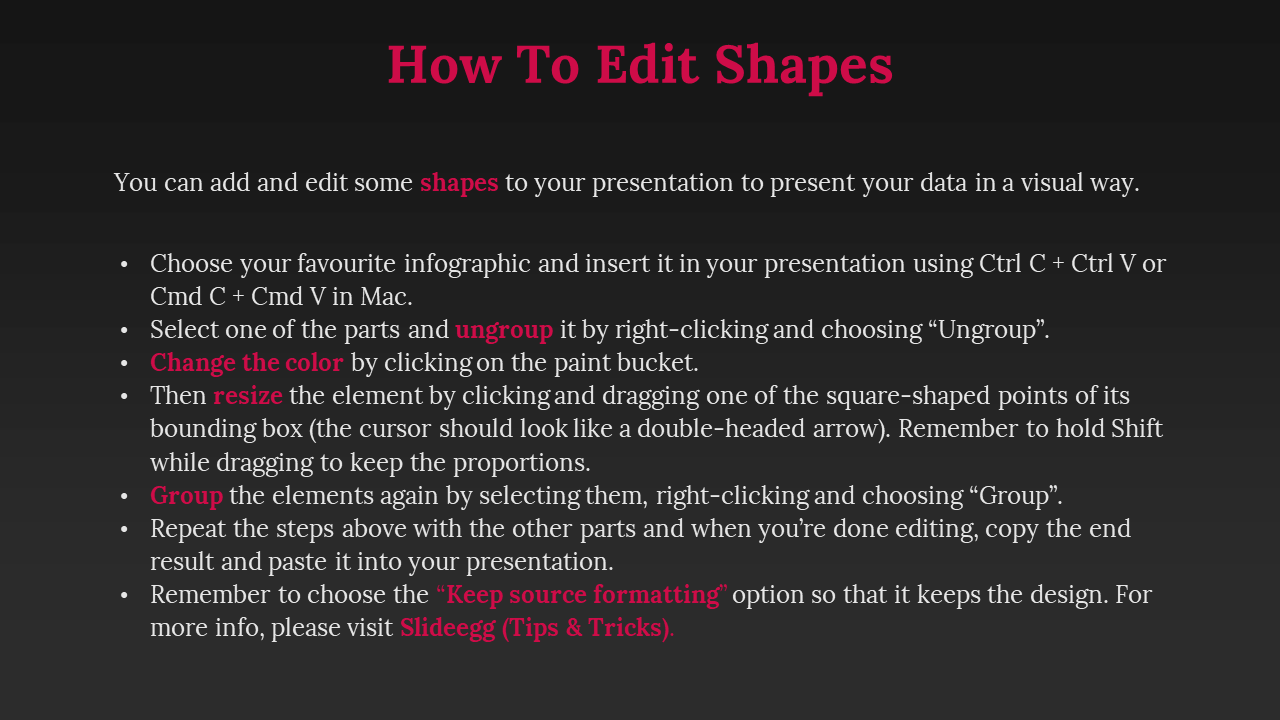 Dark gradient layout with bright pink main heading, white instructional bullets, and keywords emphasizing editing steps.