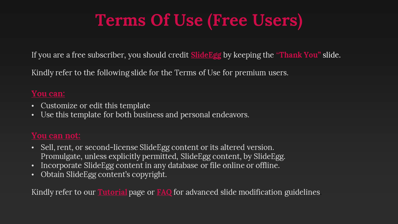 Dark gradient background with pink heading, white text, and subheadings separating permissions and restrictions.