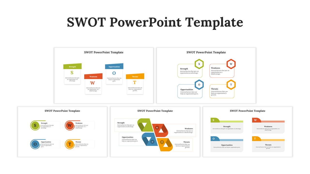 A collection of five SWOT analysis PowerPoint templates featuring different layouts, including icons and descriptions.