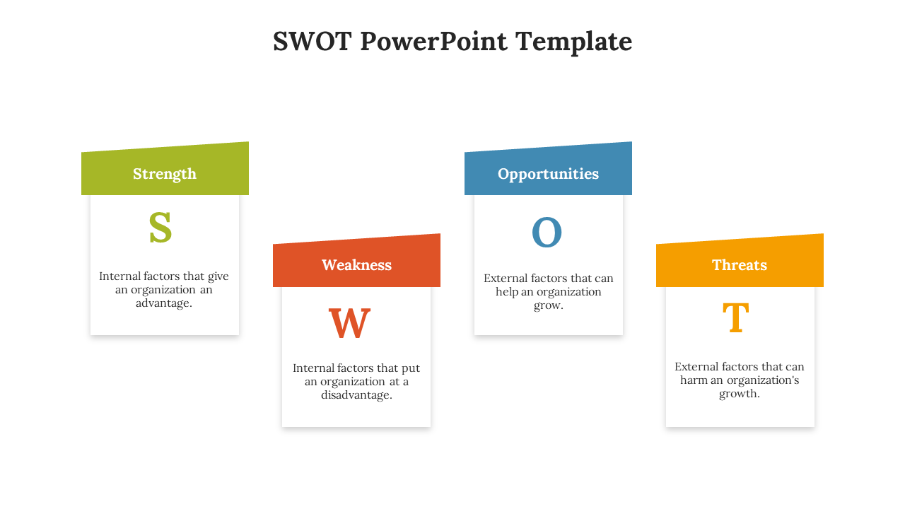 A SWOT analysis PowerPoint slide featuring color coded square icons each with a brief description on a white theme.