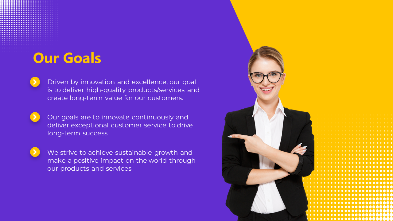 Smiling woman in a black blazer pointing to the left, presenting the company goals on a vibrant yellow and purple background.