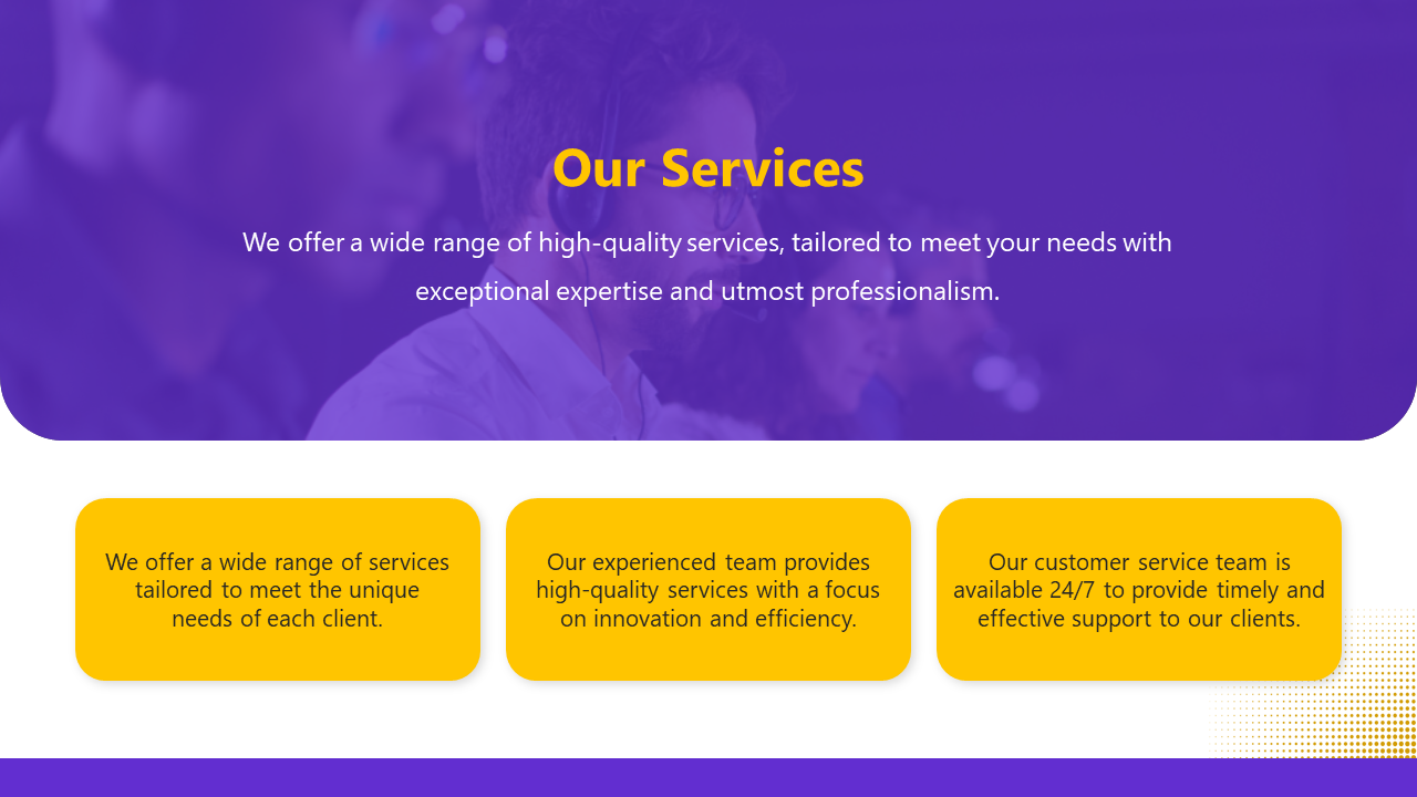 Professional support staff working in a call center, with text describing the company's wide range of tailored services.