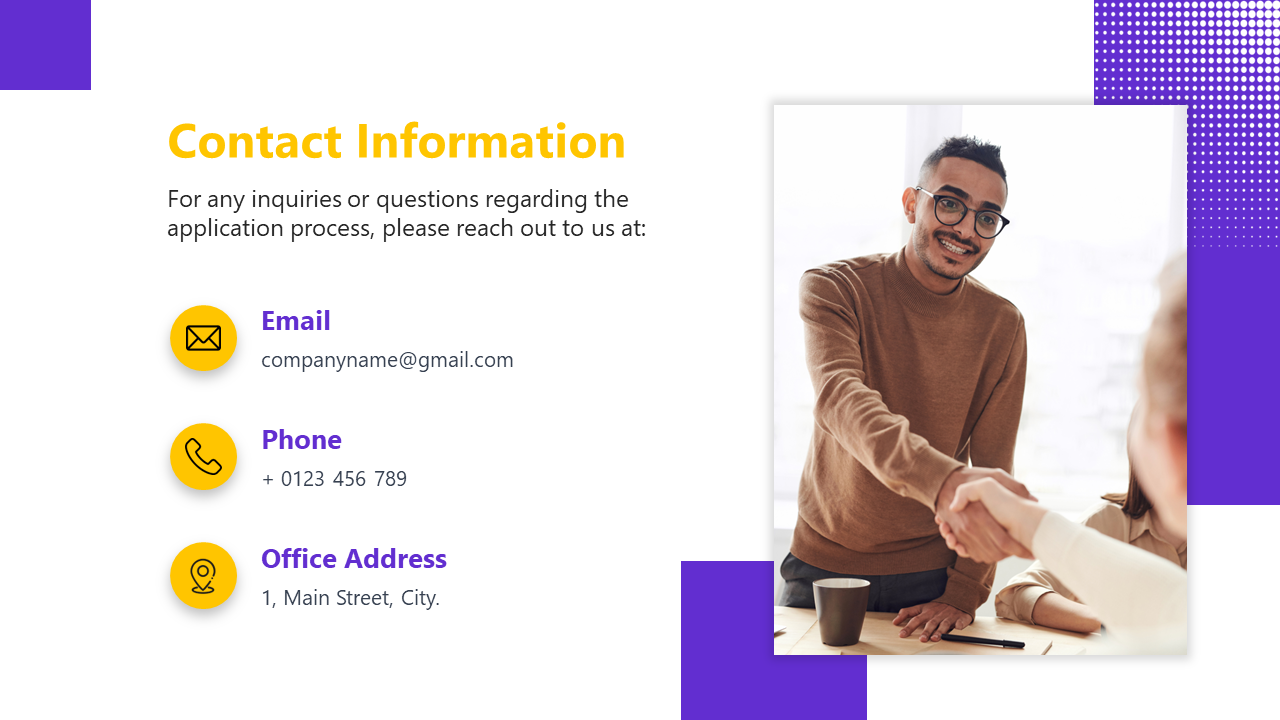 Business professionals shaking hands next to contact details email, phone number, and office location on a white theme.