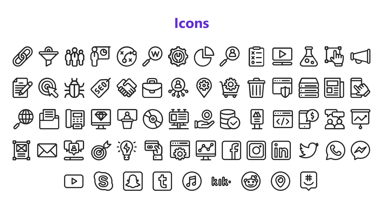 A collection of icons representing various digital tools and platforms, such as social media, search, and analytics.