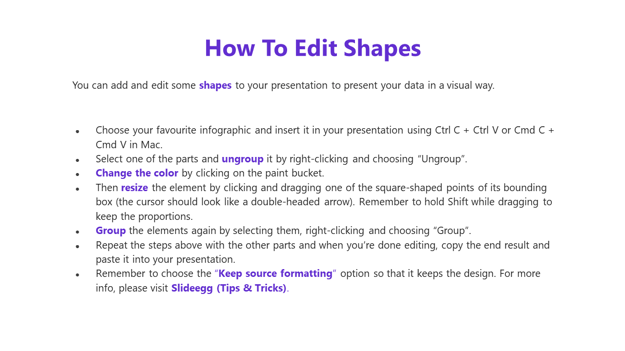 A slide explaining how to edit shapes in PowerPoint with instructions on ungrouping, resizing, and grouping elements.