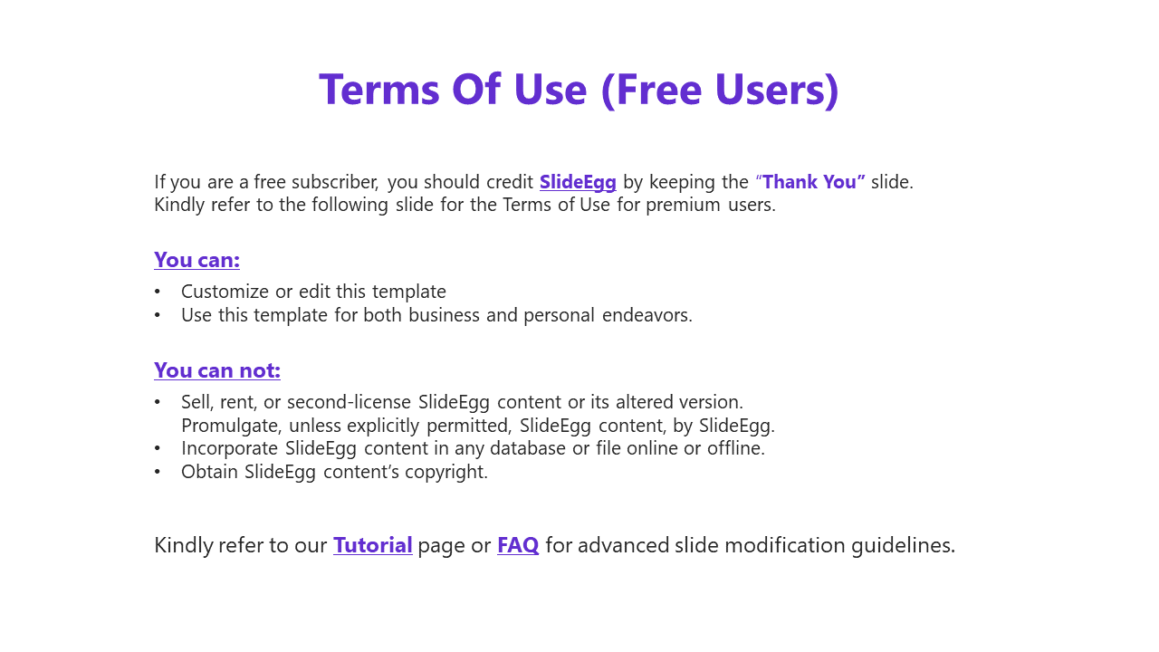 A slide with the terms of use for free users of SlideEgg, including guidelines for editing and usage of templates.