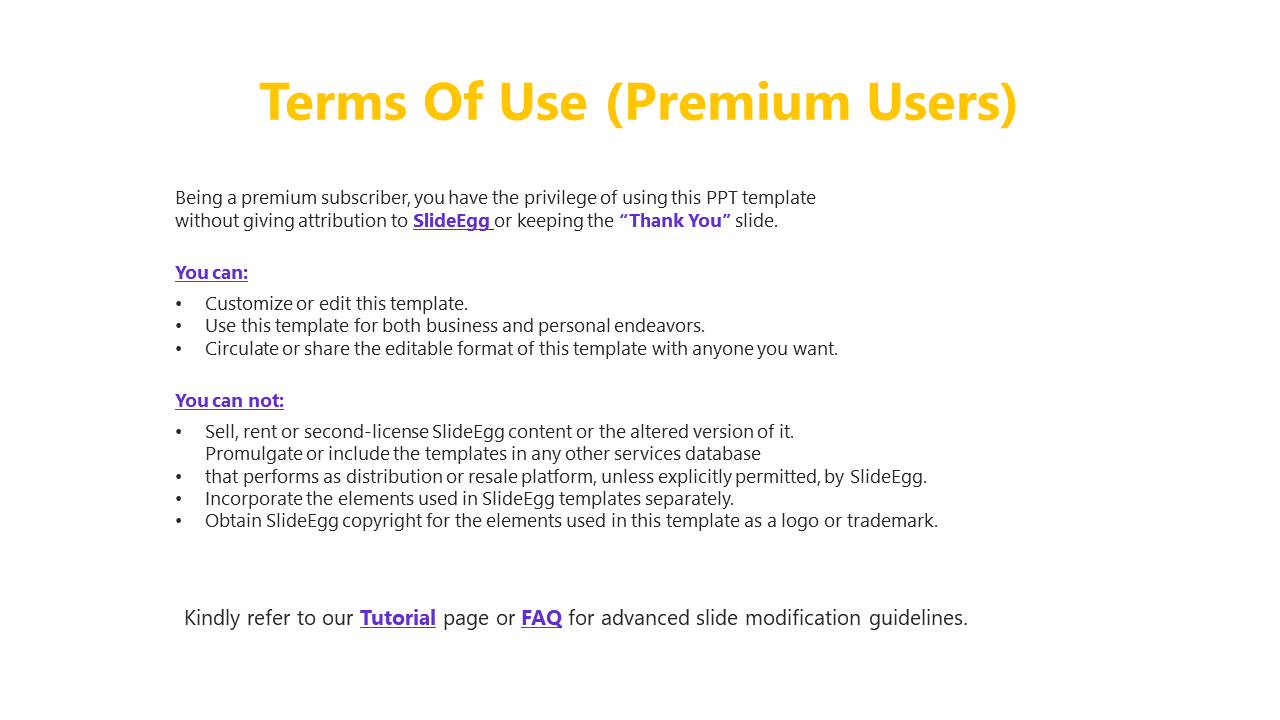 Terms of use for premium users of SlideEgg, outlining privileges like editing templates and sharing with others.