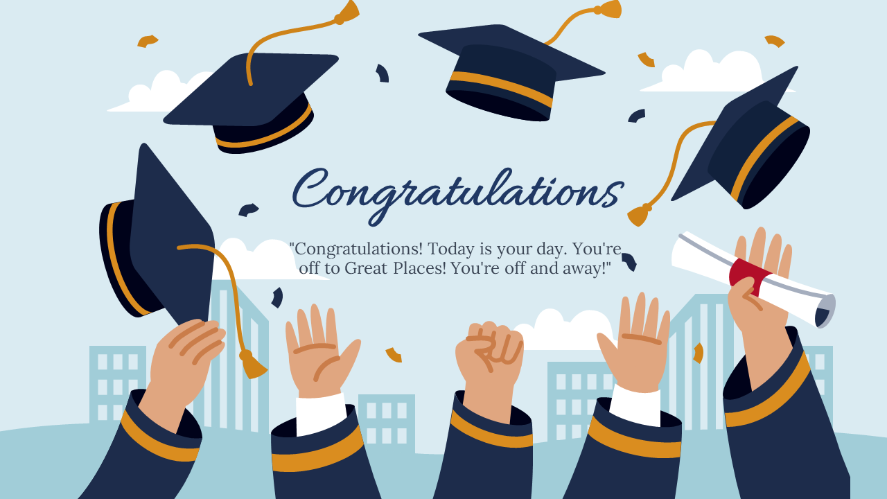 Light blue background with graduates hands raised holding diplomas and throwing caps and congratulation text at center.