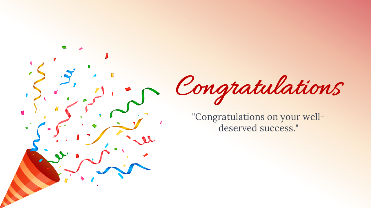 White to peach gradient background with confetti and ribbons bursting from striped cone, and congratulation text on right.