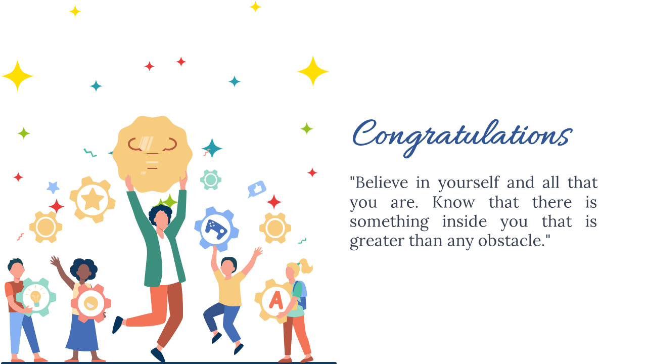 Light background with colorful stars, children celebrating with trophies and badges on left, congratulation text on right.