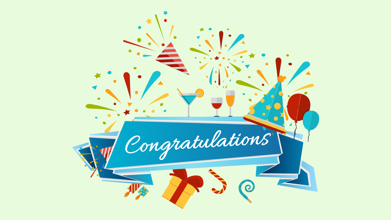 Light green background with blue ribbon banner, colorful fireworks, party hat, balloons, drinks, and a gift box below.