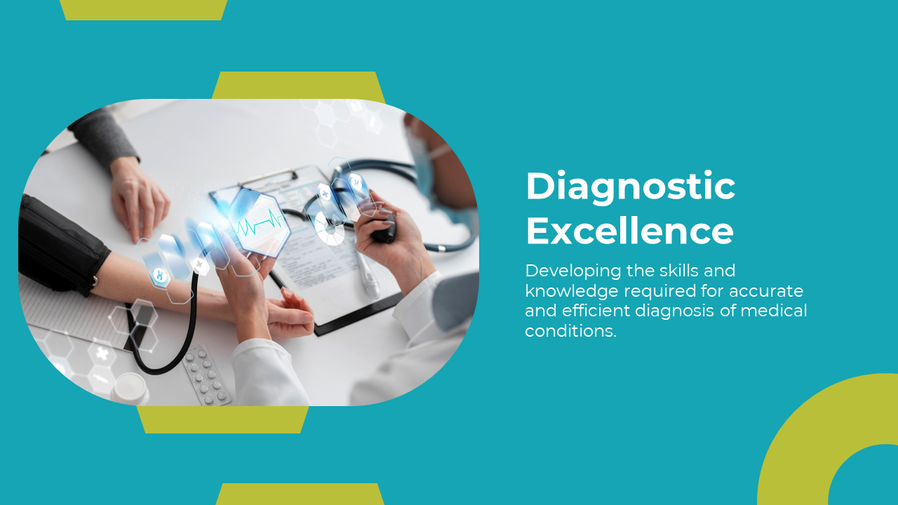 Teal background with text on right, and image of doctors using stethoscope and medical tech tools, with yellow accents.