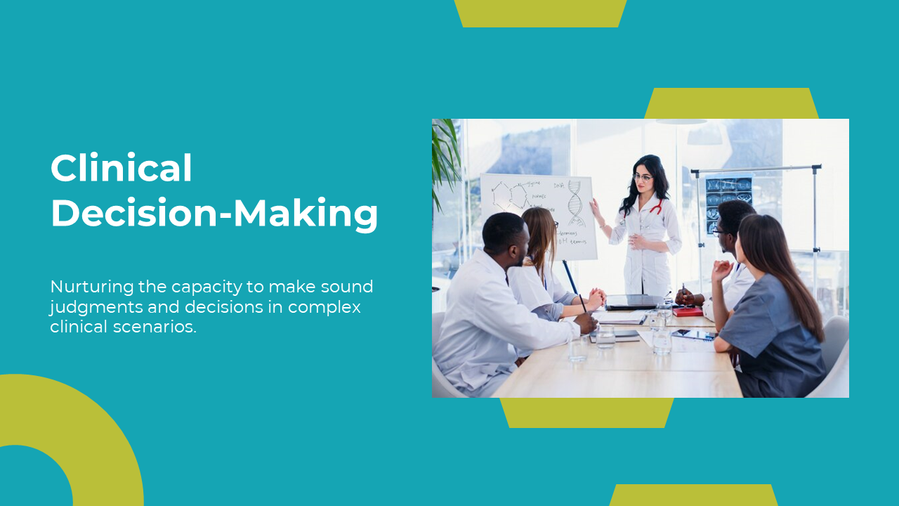Teal background with white text, and right side shows doctor presenting DNA chart to healthcare team in a meeting room.