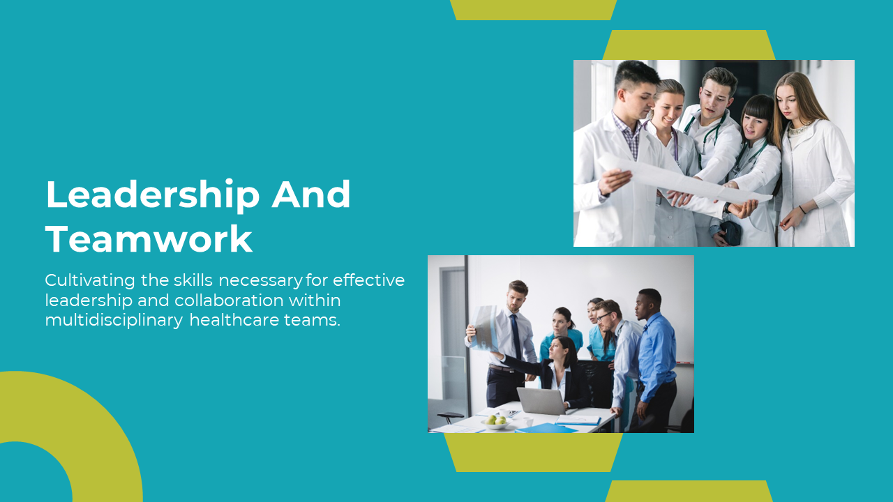 Teal background with text on left, two rectangular images of healthcare teams collaborating on right, with yellow accents.