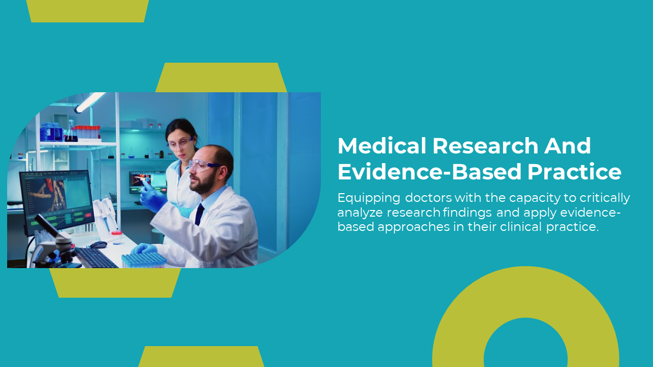 Teal background with white text on right, rounded photo of researchers working in lab, and yellow abstract shapes around.