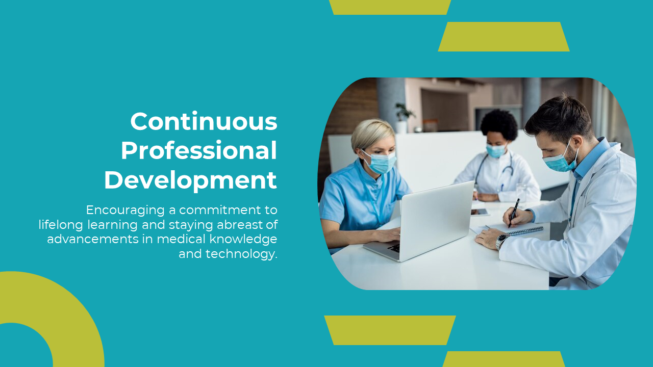 Teal background with text on left, rounded photo of masked doctors working on laptop at right, with yellow abstract shapes.