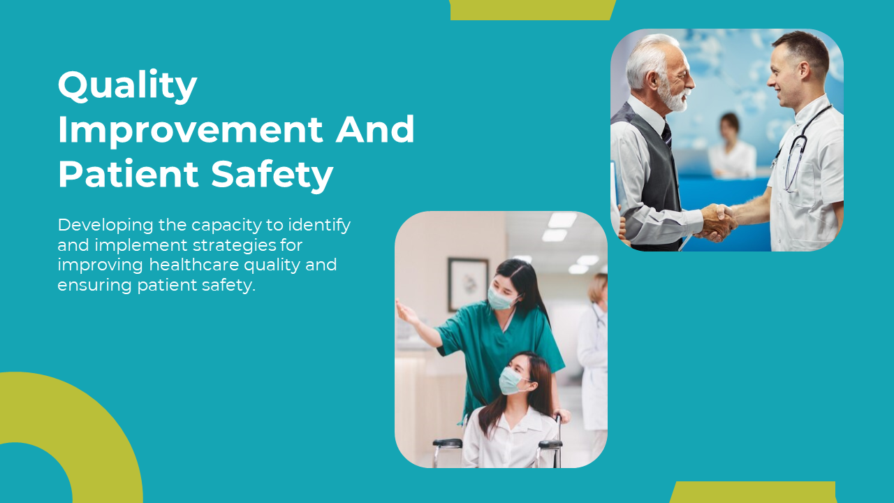 Teal background with text on left, two rounded photos of healthcare workers and patients and yellow circular accent below.