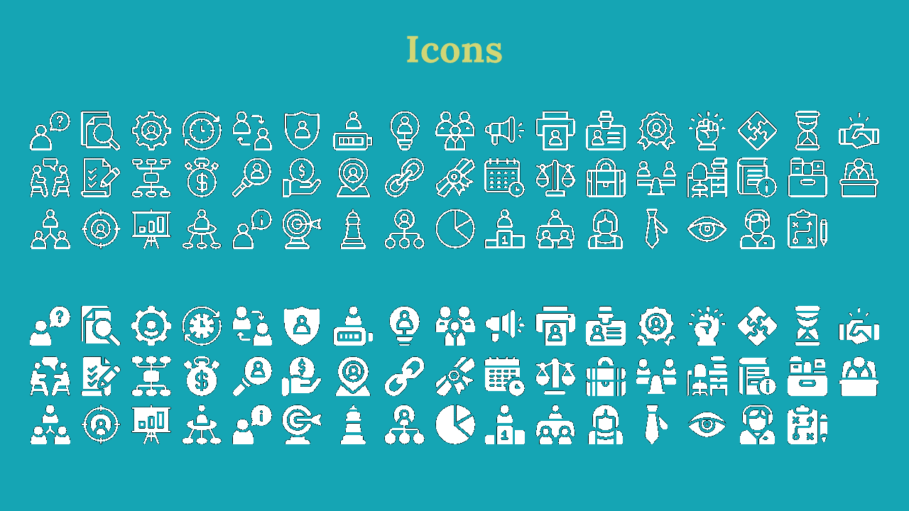Teal background featuring bold yellow heading with white outlined icons in top and filled icons in bottom half.