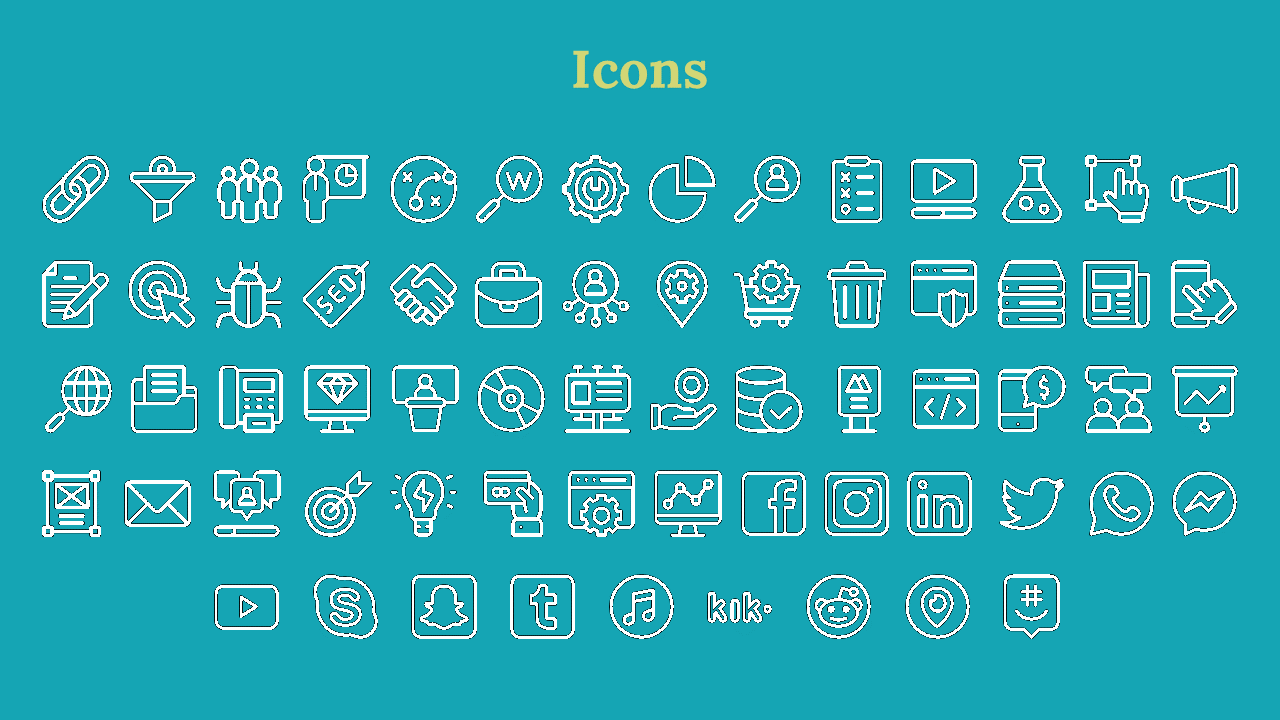 Assorted white outlined icons representing communication, business, and media on a teal backdrop with yellow title.