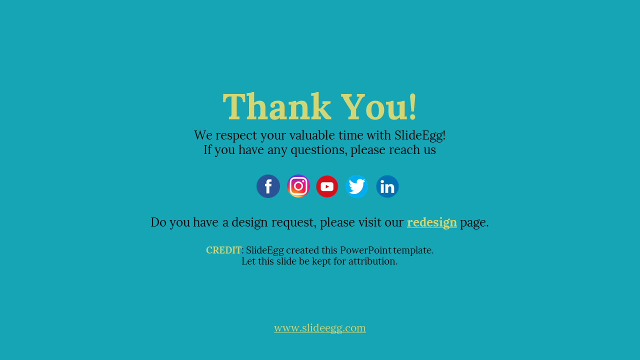 Solid teal background with yellow thank you heading, black text, and colorful round social media icons centered.