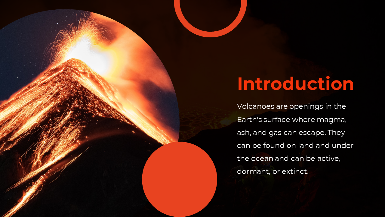 Dark layout with large round volcano photo on left and text on right, accented by solid and outlined orange circles.