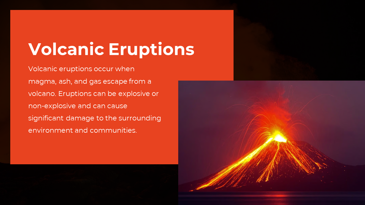 Dark background with large orange text box on left, and erupting volcano photo with glowing lava streams on right.