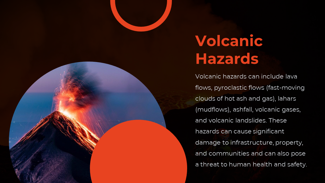 Dark background with large erupting volcano in a circle on left, and text on right with orange circular accents.