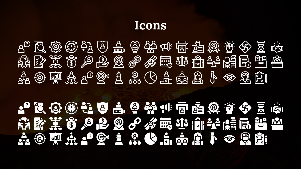 Dark valcano background featuring bold heading with top white outlined and dark filled icons below.