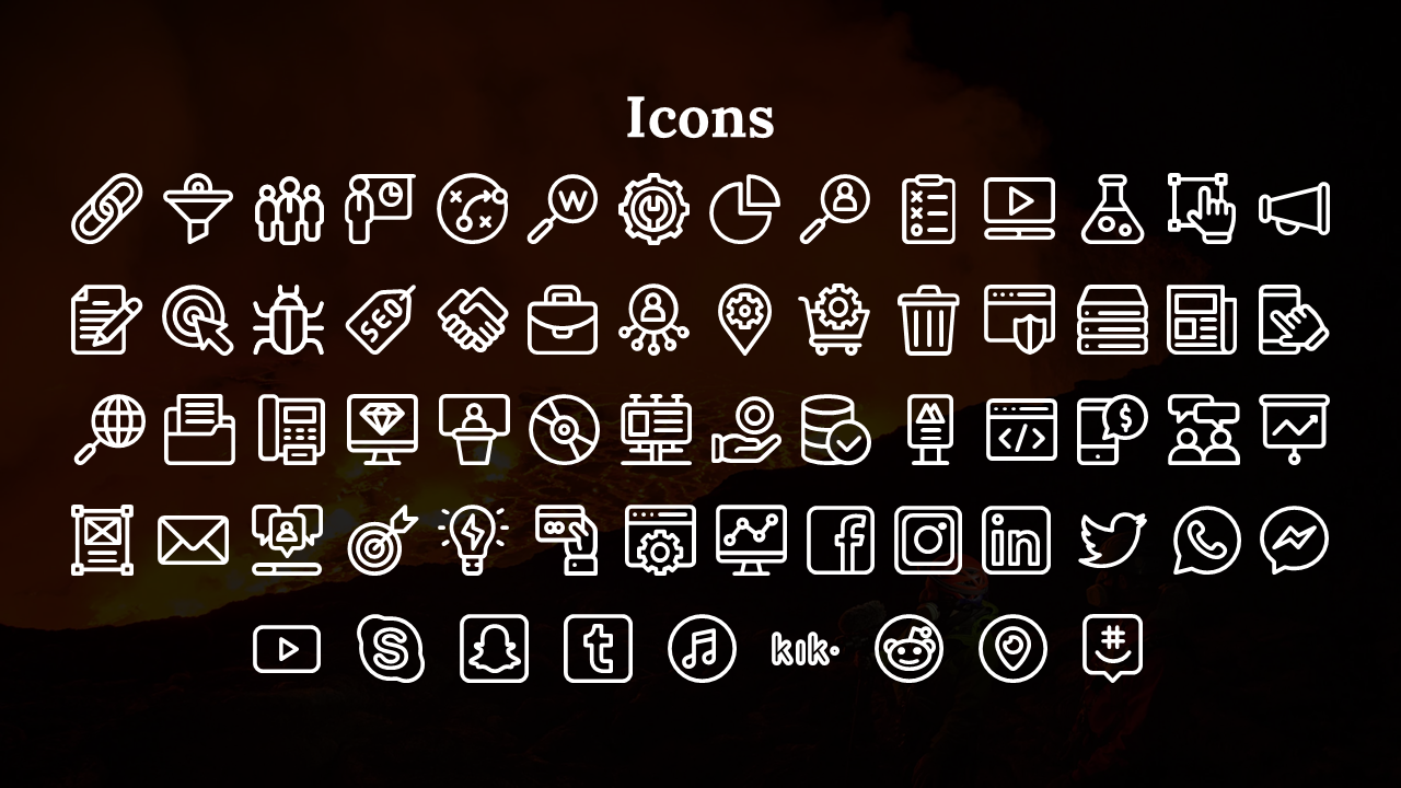 Dark valcano background with white outlined icons arranged in rows under a bold heading at the top center.
