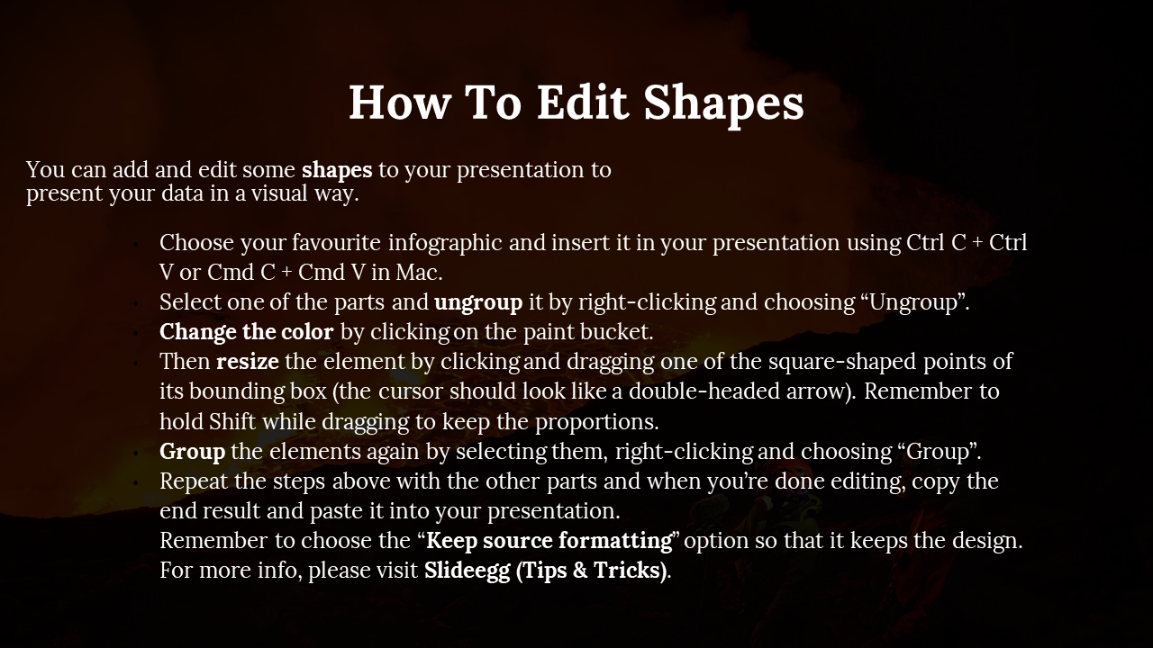 Dark valcano background with bold white heading, and bullet points listing steps for editing and formatting shapes.