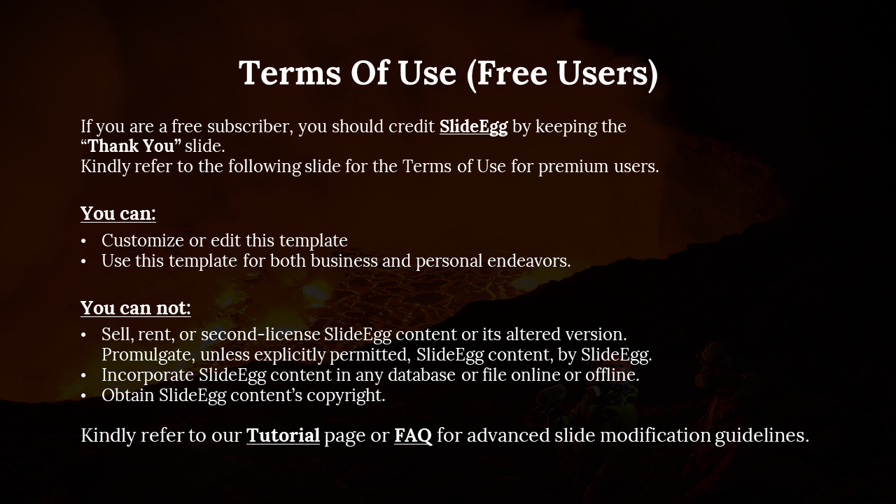 Dark volcano background with white text sections for free user permissions and restrictions, plus a small footer reference.