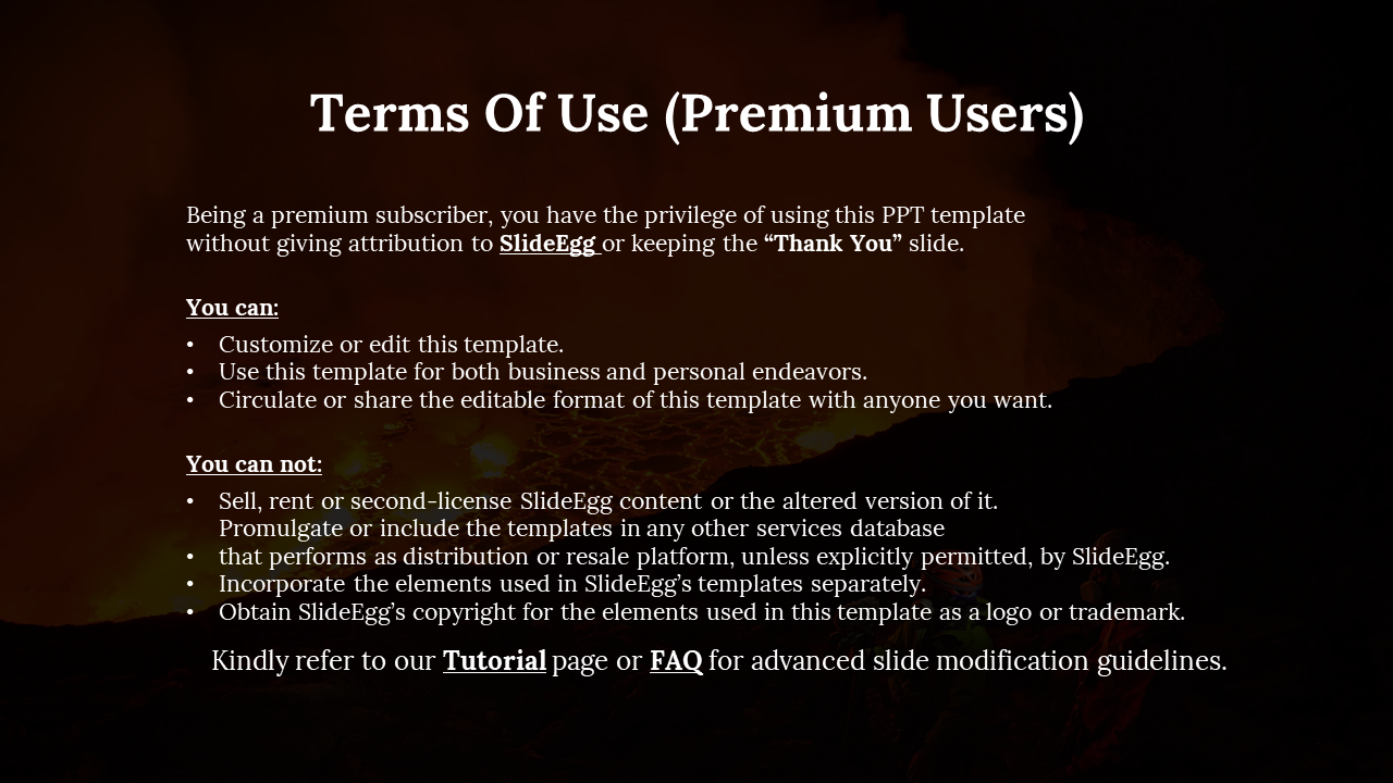 Dark volcano background with white title, two bullet lists for allowed and restricted actions, and footer with link.