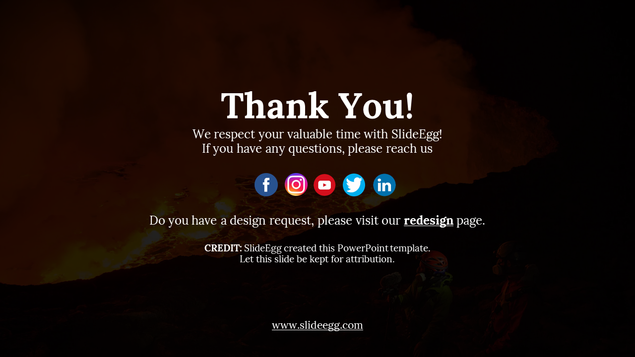 Dark volcano background with white thank you text, and colorful round social media icons in the center.