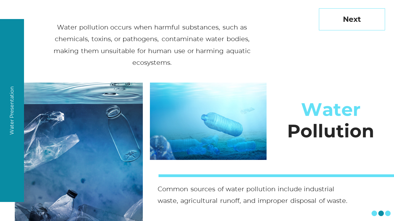 Slide with teal vertical left panel, and two center images with floating plastic in water, and text to the right.