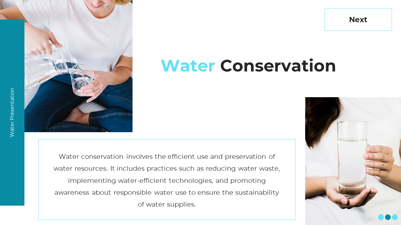 Slide with a teal sidebar, and two image of woman pouring water into a glass and holding glass of water.