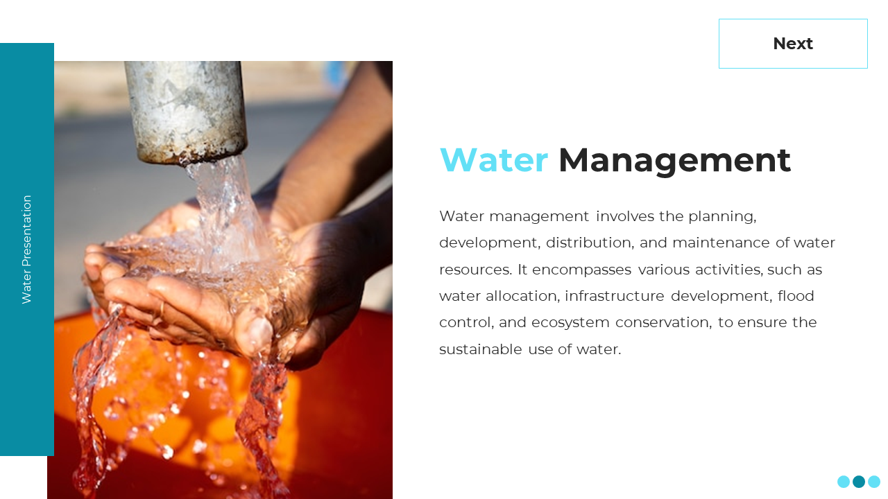 Slide with an image of hands catching water from a tap, teal side bar, and text on the right white background.