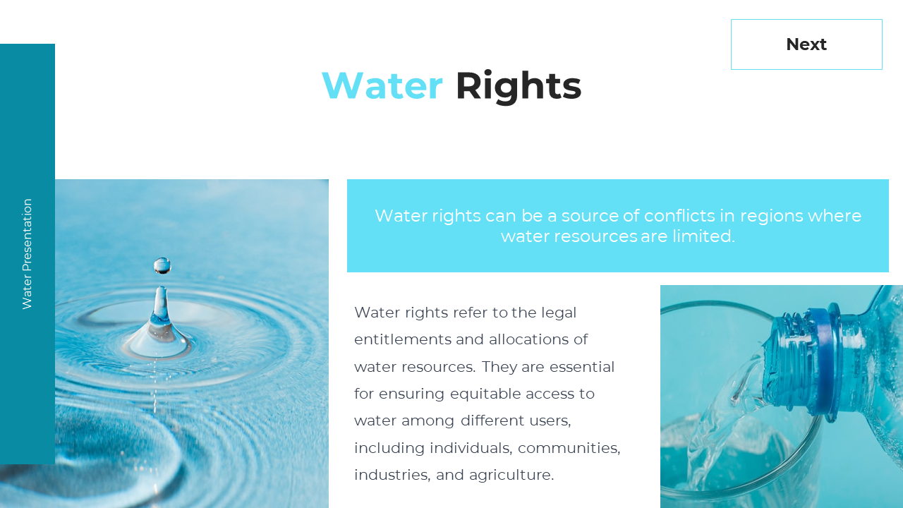 White slide with three sections of water ripple image, center teal box with quote, right bottle pouring water into glass.