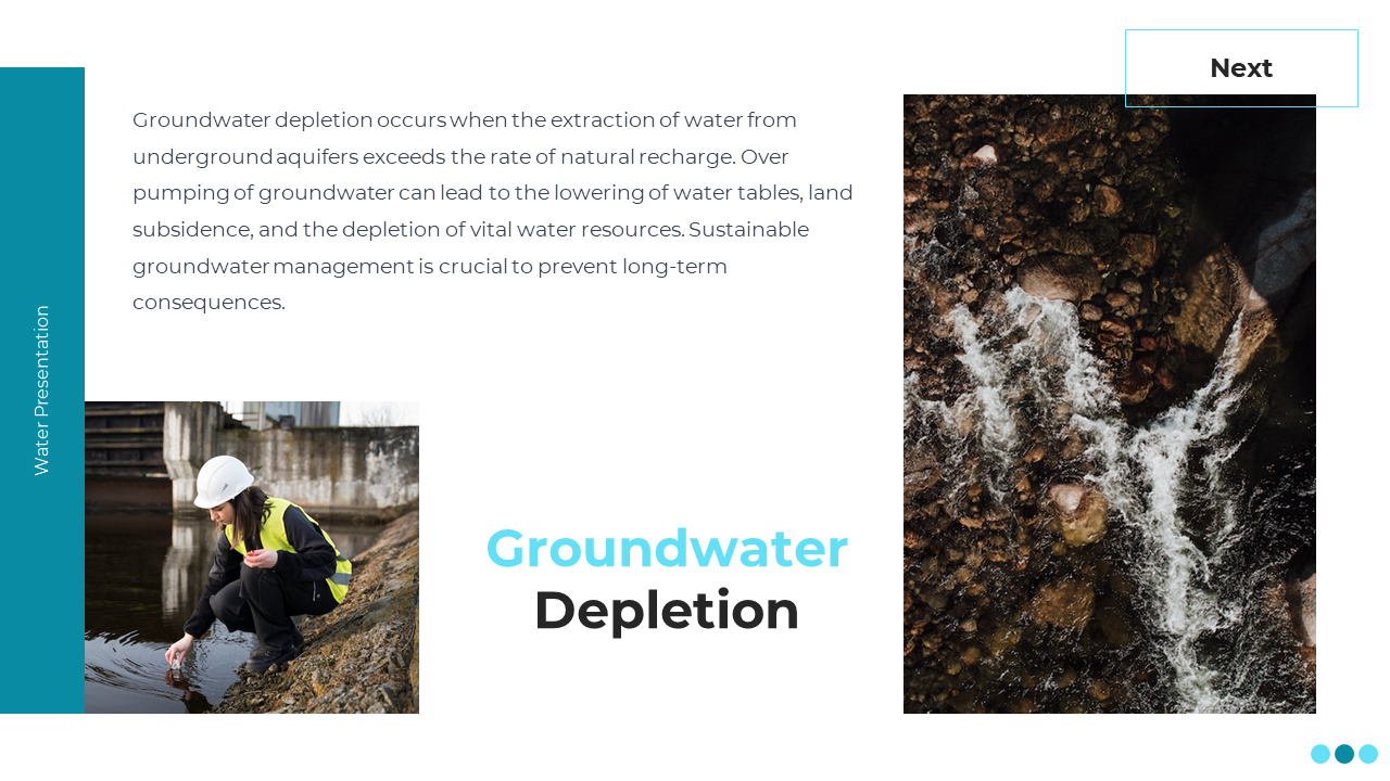 Slide with teal sidebar and two photos of worker near water, and river aerial view with rocks, set on a white background.