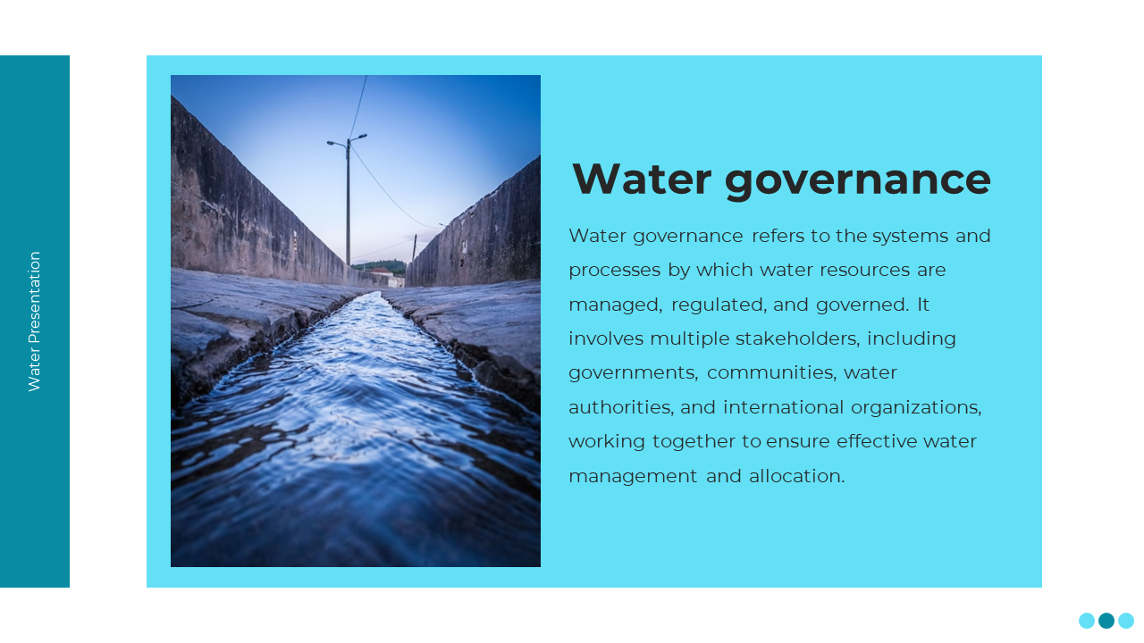Slide with a teal box featuring text and framed photo of narrow canal with flowing water between stone walls.