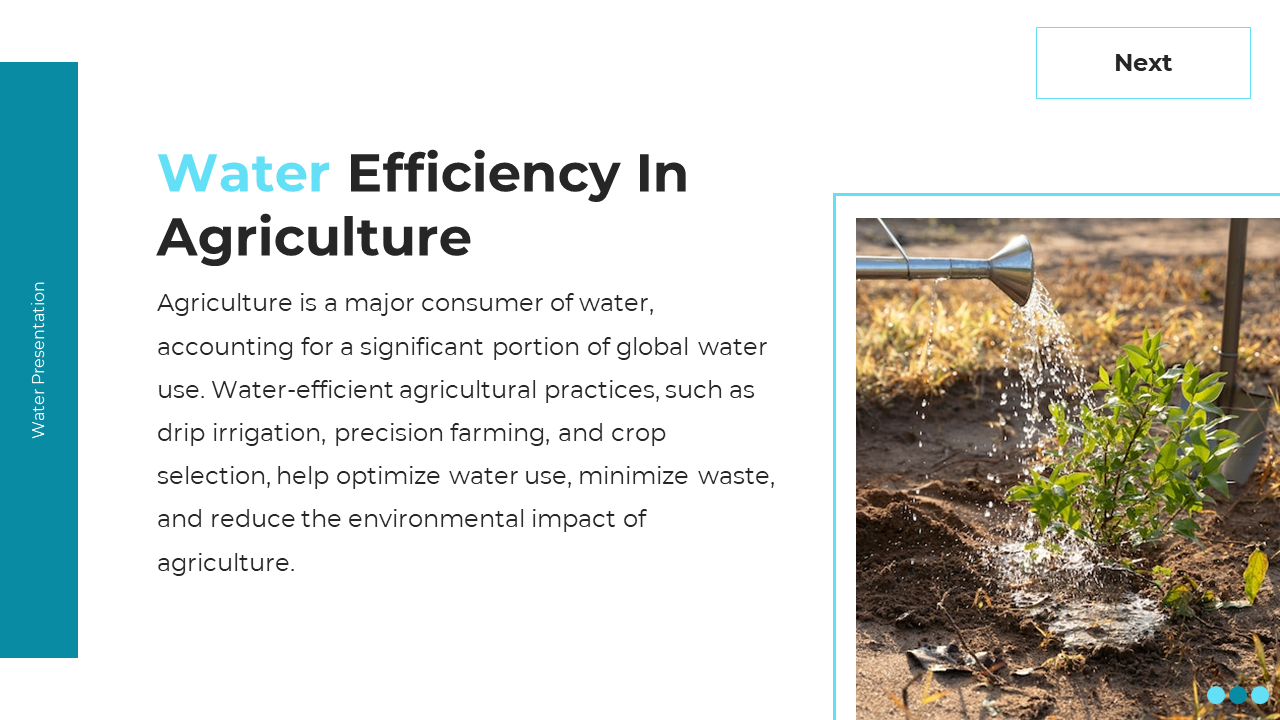 White background slide with bold heading and text below, and a photo of a watering can irrigating a plant on the right.